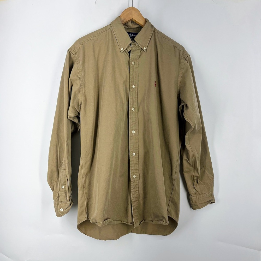 Polo Ralph Lauren Blake Mens Khaki Button Down Shirt Red Pony Logo Long Sleeve M